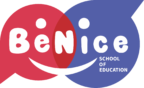 logo para escuela de idiomas, el logo consta de dos circuklos unidos , con una cara feliz en el centro, uno de los circulos es morado y el otro rojo